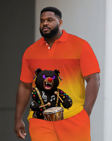 Big Man's Drumming Bear Cartoon Printed Gradient Casual Short-Sleeve Polo Shirt & Shorts Set