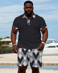 Men's Plus Size Royal Blue Diamond Pattern Signature Collar Short Sleeve Polo Shirt Shorts Suit