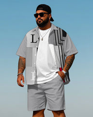 Big Men's Street Fashion Letter & Geometirc Pattern Printed Short Sleeve Shirt and Shorts Set