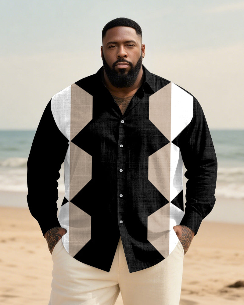 Big & Tall Men's Daily Black Geometric Print Long Sleeve Bamboo Hemp Texture Shirt