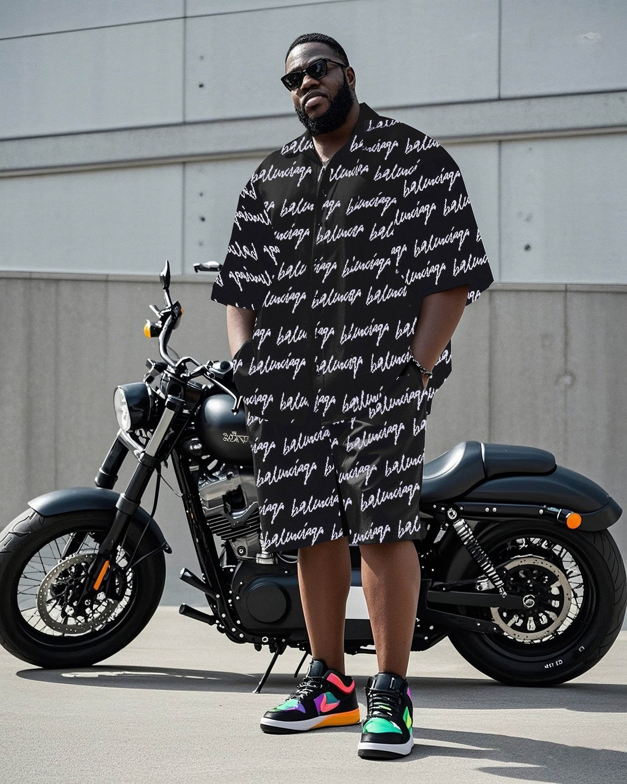 Big Man's Motorcycle Style Daily Casual English Color Block Printing Short Sleeve Shirt Shorts Suit