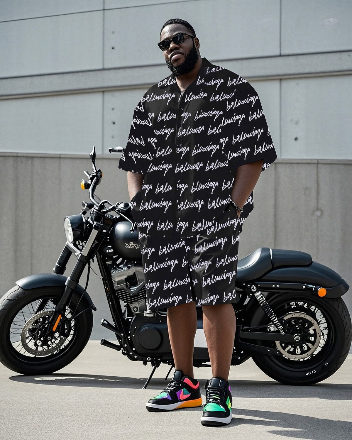 Big Man's Motorcycle Style Daily Casual English Color Block Printing Short Sleeve Shirt Shorts Suit