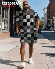 Men's Plus Size Business Black Checkerboard Print Short Sleeve Polo Shirt Shorts Suit