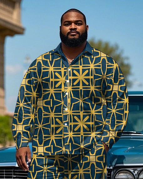 Men's Big & Tall Vintage Geometric Pattern Printed Casual Long Sleeve Shirt Pants Set