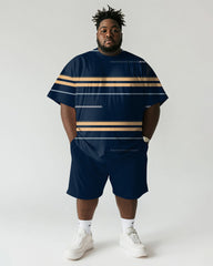 Men's Plus Size Casual Blue Stripe Print Short Sleeve T-Shirt Shorts Suit