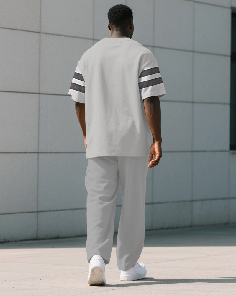Men's Plus Size Grey Colorblock Striped Alphabet Print T-Shirt Trousers Suit