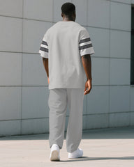 Men's Plus Size Grey Colorblock Striped Alphabet Print T-Shirt Trousers Suit