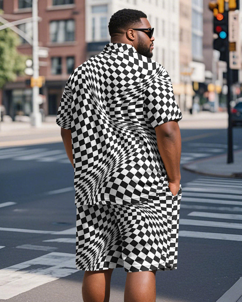 Men's Plus Size Business Black Wave Checkerboard Print Short Sleeve Polo Shirt Shorts Suit