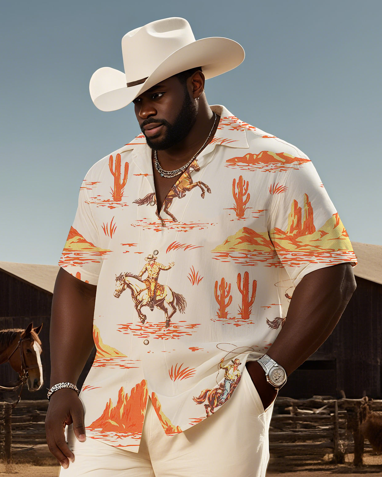 Big & Tall Men's Western Style Casual Western Style Print-creamy-white Short Sleeve Shirt Pants Suit