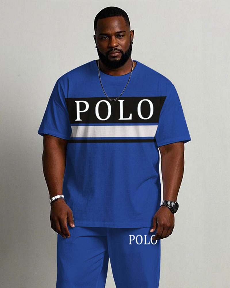 Men's Plus Size Blue & Black & White Colorblock Printed Chest Short-sleeved T-shirt Trousers Suit