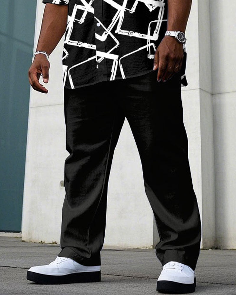 Men's Plus Size Business Casual Black Crack Short Sleeve Shirt Trousers Suit