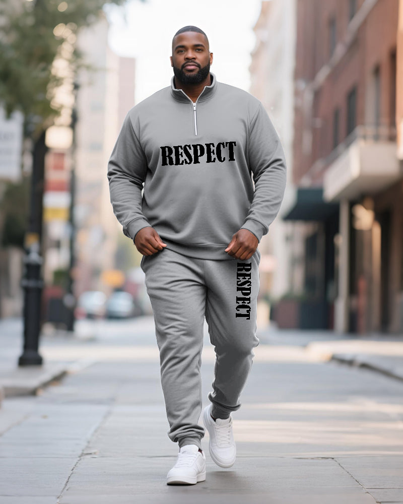 Big & Tall Men's RESPECT Solid Color Printed POLO Collar Zipper Long Sleeve Pants Two-Piece Set