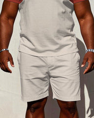 Men's large size Casual Vintage Red & Creamy-white Features Stitching Short-sleeved polo shorts set