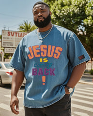 Big & Tall Men's Street Fashion Jesus Is Coming Back Hot Stamping-Washed Denim Short Sleeve T-Shirt