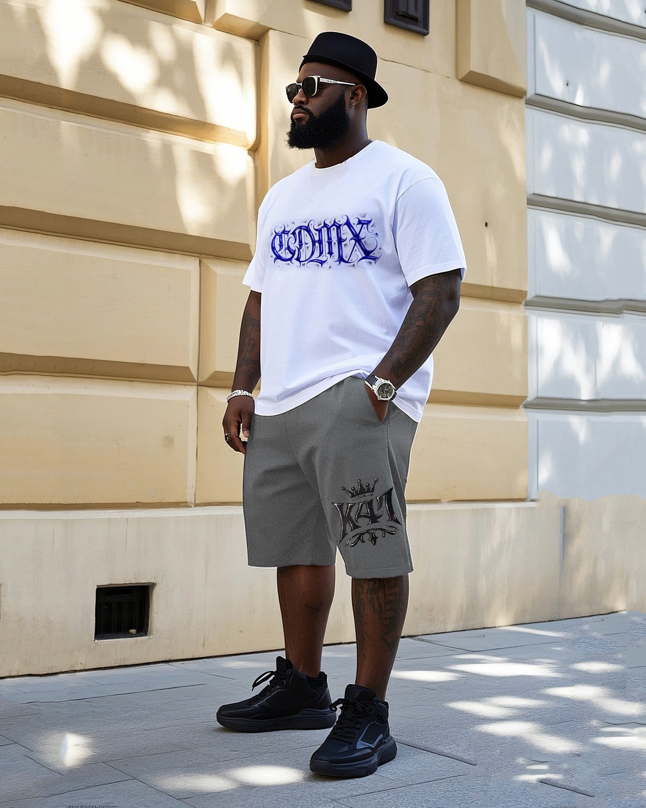 Big Men's Street Fashion Hand-painted Unique Personality Graffiti Short Sleeve T-Shirt Shorts Suit