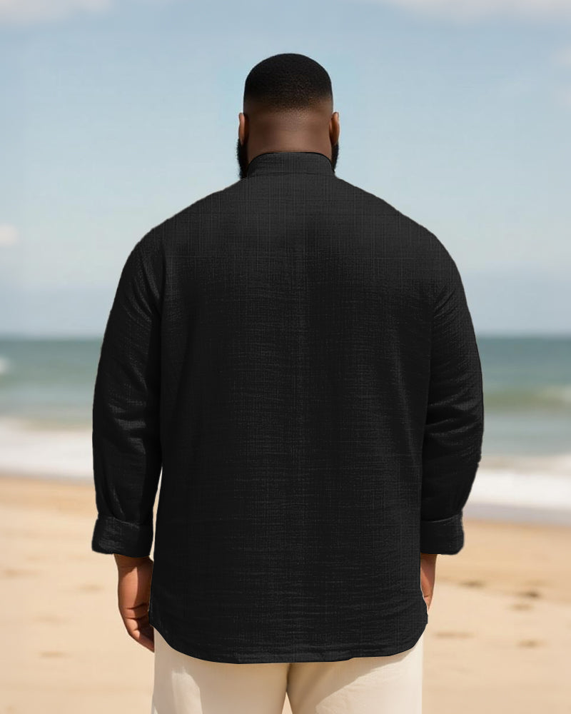Big & Tall Men's Everyday College Style B Letter Icon Bamboo Hemp Texture Stand-up Collar Long Sleeve Shirt