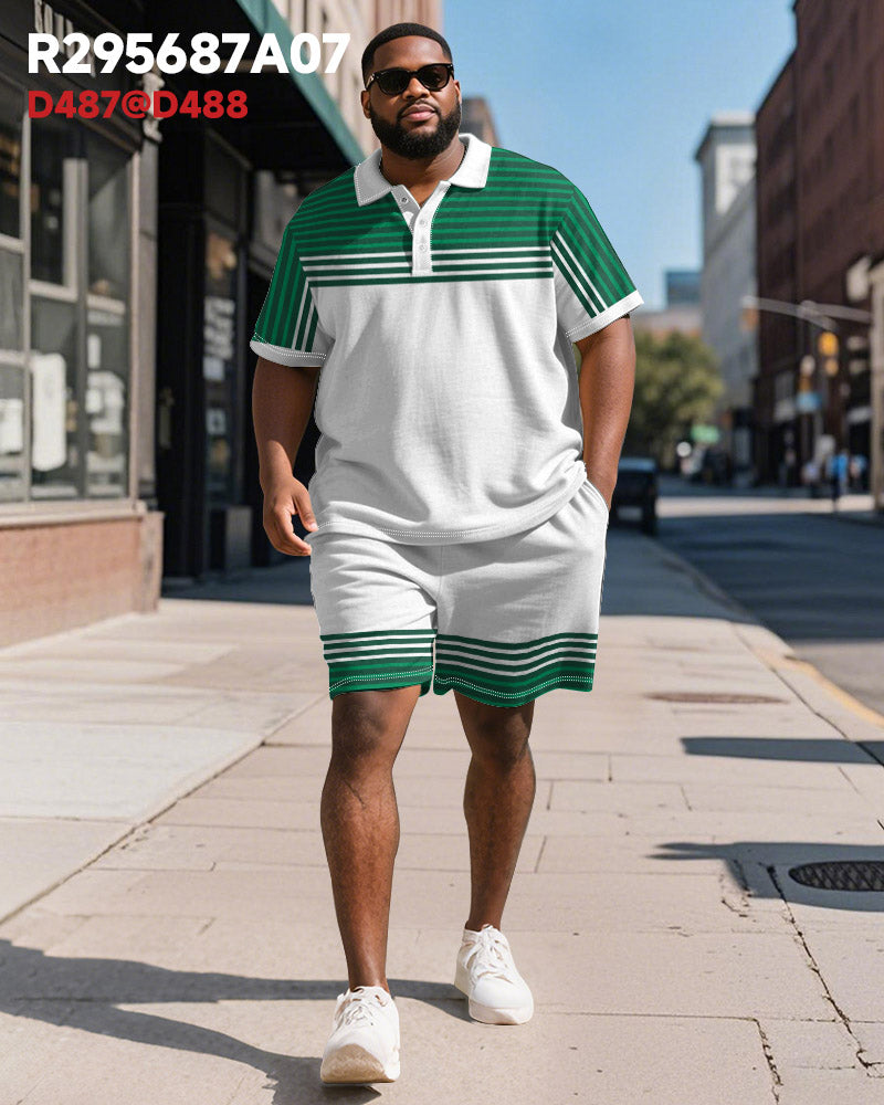 Men's Plus Size Business Green Gradient Stripe Print Short Sleeve Polo Shirt Shorts Suit