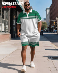 Men's Plus Size Business Green Gradient Stripe Print Short Sleeve Polo Shirt Shorts Suit