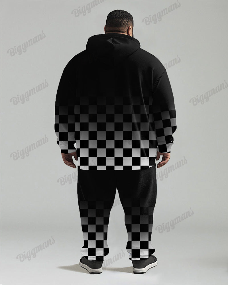 Autumn And Winter Gradient Checkerboard Print Men's Plus Size Hoodie Suit