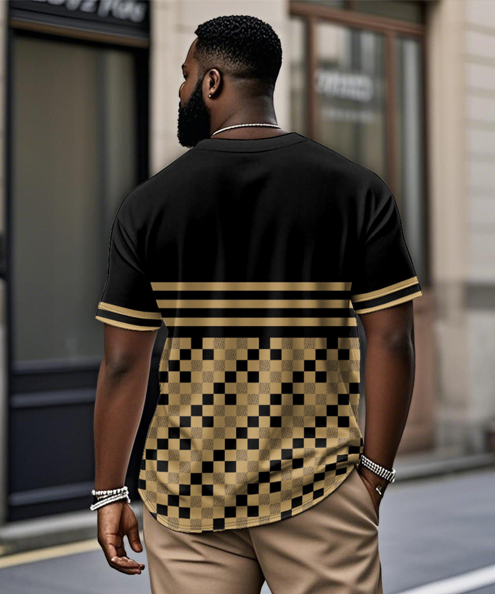 Men's Plus Size Casual Daily Black Plaid Print Henry Collar Button Short Sleeve T-Shirt