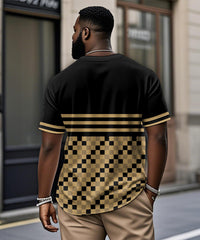 Men's Plus Size Casual Daily Black Plaid Print Henry Collar Button Short Sleeve T-Shirt