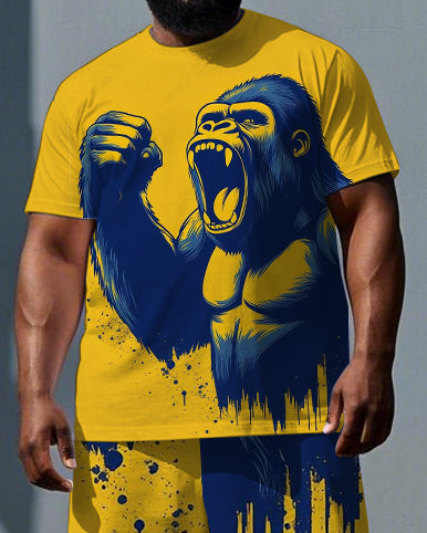 Big & Tall Men's Roaring Fighting Gorillas Printed Short Sleeve T-shirt 2-Piece Set