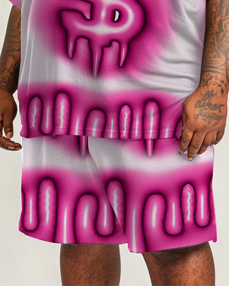 Men's Plus Size Street Hip Hop Pink Gradient Symbol Print Short Sleeve T-Shirt Shorts Suit
