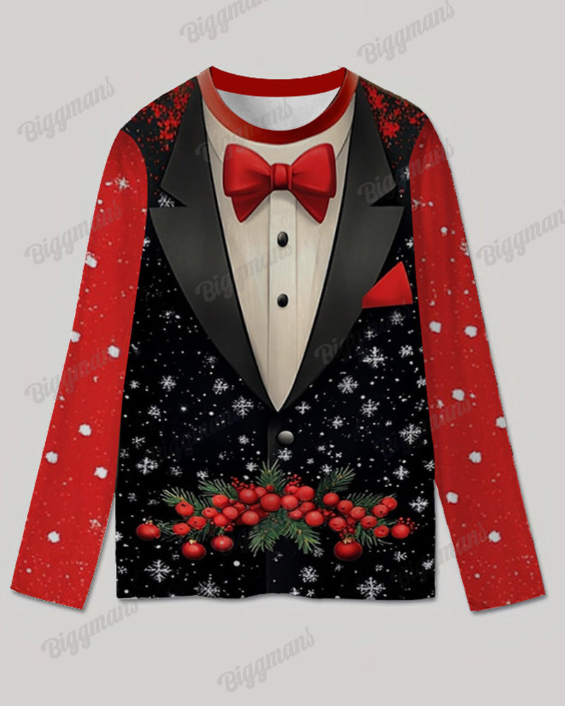 Men's Plus Size Christmas Cosplay Bow Suit Printed Long Sleeve T-Shirt Trousers Suit