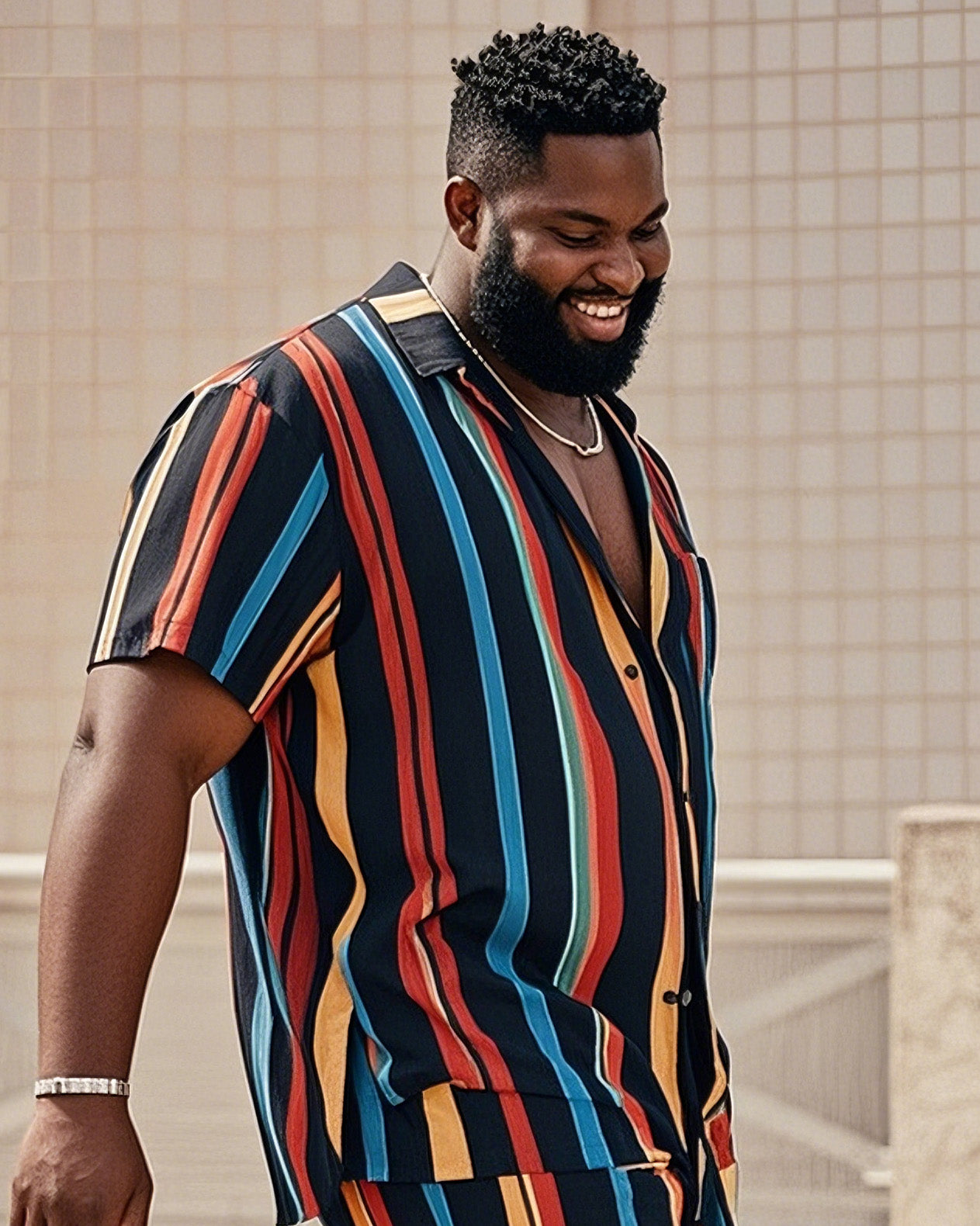Big Man's Confident Daily Casual Multicolor Striped Color Block Printed Short Sleeve Shirt Shorts Suit