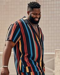 Big Man's Confident Daily Casual Multicolor Striped Color Block Printed Short Sleeve Shirt Shorts Suit