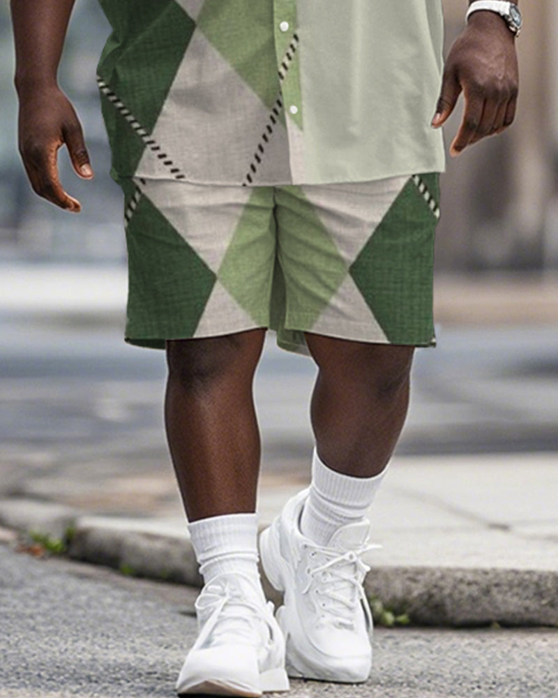 Men's Plus Size Street Fashion Green Patchwork Diamond Print Shirt Shorts Suit