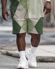 Men's Plus Size Street Fashion Green Patchwork Diamond Print Shirt Shorts Suit