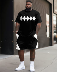 Men's Plus Size Casual Simple Geometric Patchwork Printed T-shirt Shorts Set