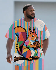 Men's Fashion Cartoon Squirrel and Stripe Printed Big and Tall Short Sleeve T-shirt Pants Set