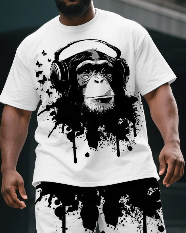 Big & Tall Men's Casual Ink Splash Music Gorillas Street Short-Sleeved T-shirt and Short Set
