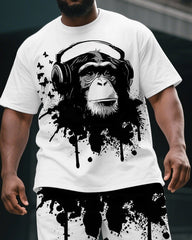 Big & Tall Men's Casual Ink Splash Music Gorillas Street Short-Sleeved T-shirt and Short Set