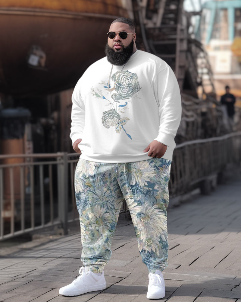 Men's Big and Tall Casual Retro Wild Rose Floral Contrast Color Hoodie Set