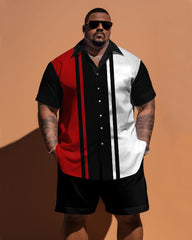 Big Guys Simple Contrast Color Vertical Stripe Short Sleeve Shirt Shorts Set
