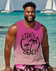 Men's Plus Size Hawaiian Pink Gradient Coconut Tree Letter Print Tank Shorts Suit