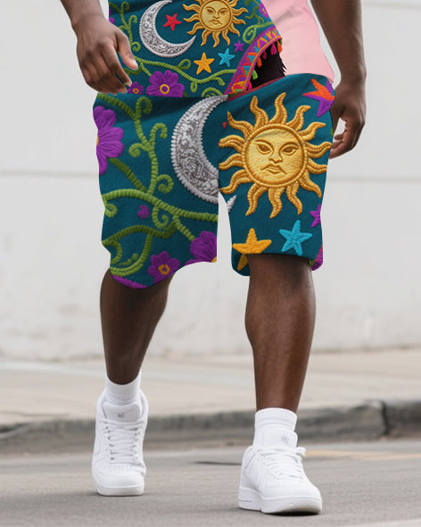 Big Men's Ethnic Cartoon Bear Printed Casual Retro Short-Sleeve Polo Shirt Shorts Set