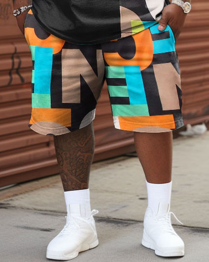 Men's Large Size Letter Graffiti T-shirt & Shorts Two-piece Set
