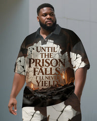 Men's Casual Dark Style PRISON Theme Lettering Relaxed Short-Sleeve Polo Shirt & Shorts Set