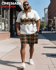 Big & Tall Men's Business Brown Colorblock Check Print Short Sleeve Polo Shirt Shorts Suit