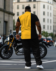 Big & Tall Men's Yellow & Black Color-matching Business Short-sleeved Shirt Pants Suit
