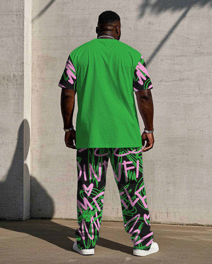 Men's Plus Size Street Graffiti Pink & Green Distinctive Stitching Short-sleeved T-shirt Trousers Suit