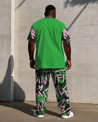 Men's Plus Size Street Graffiti Pink & Green Distinctive Stitching Short-sleeved T-shirt Trousers Suit