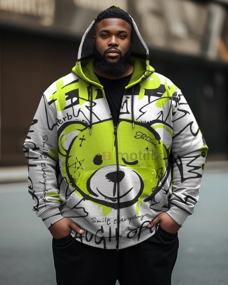Men's Casual Street Big & Tall Graffiti Art Bear Zipper Hoodie