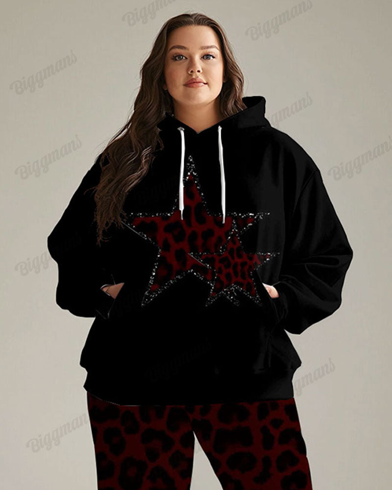 Women's Street Fashion Vintage Leopard Star Print Plus Size Hoodie Suit