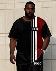 Big Men's Black & Red Color-block POLO Printed Short-sleeved T-shirt Pants Set