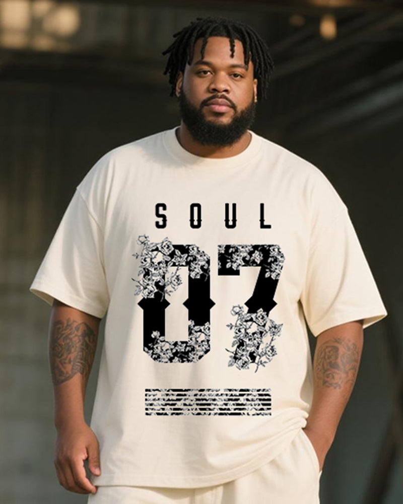 Big & Tall Men's Vintage Painting SOUL 07 Floral Print Round Neck Short Sleeve T-Shirt Shorts Suit